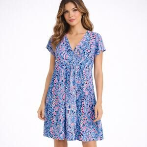 Lilly Pulitzer Duval Tic Tac Tile V-Neck Mini T-Shirt Dress Blue Pink S